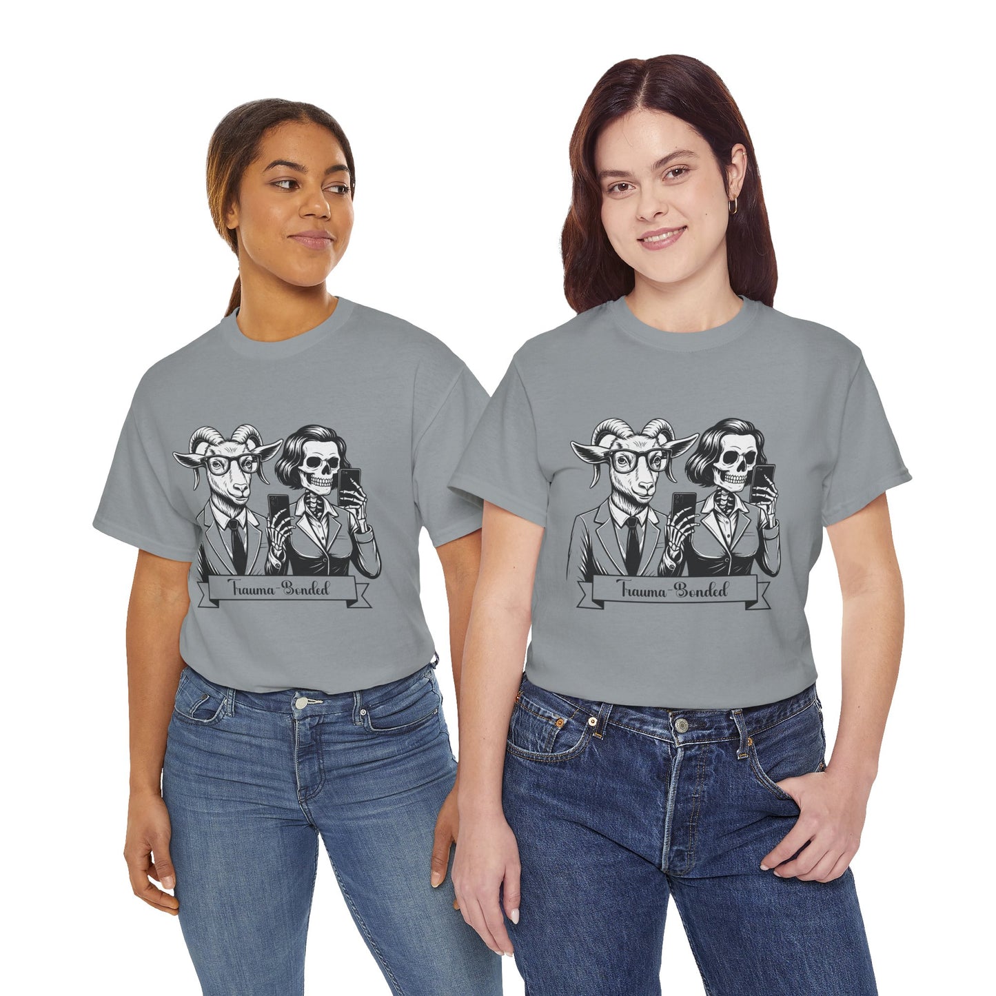 "Trauma-Bonded" Retro Black & White Vector T-Shirt –Scape Goat & Narcissistic Skeleton Satire Tee – Mental Health Humor Apparel