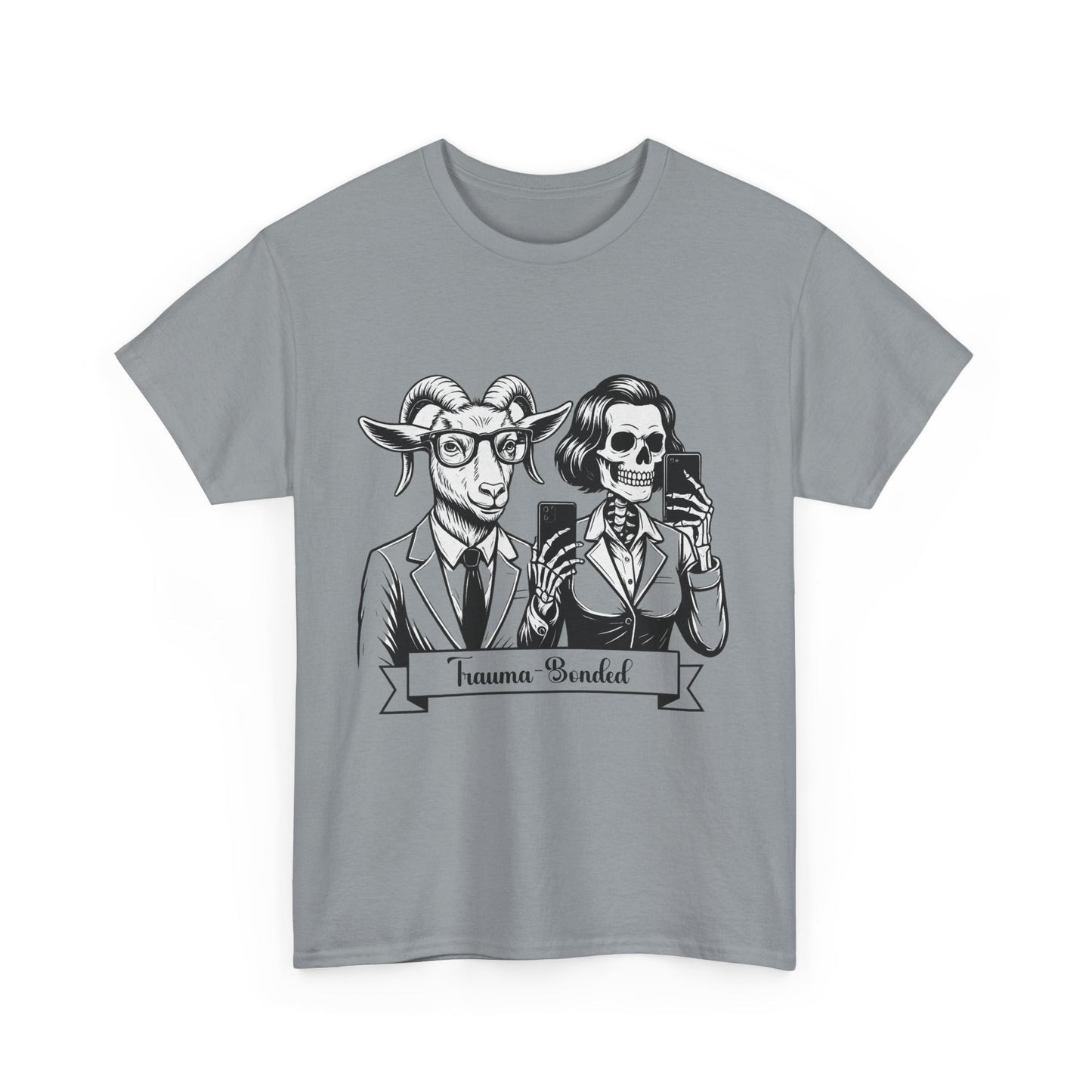 "Trauma-Bonded" Retro Black & White Vector T-Shirt –Scape Goat & Narcissistic Skeleton Satire Tee – Mental Health Humor Apparel