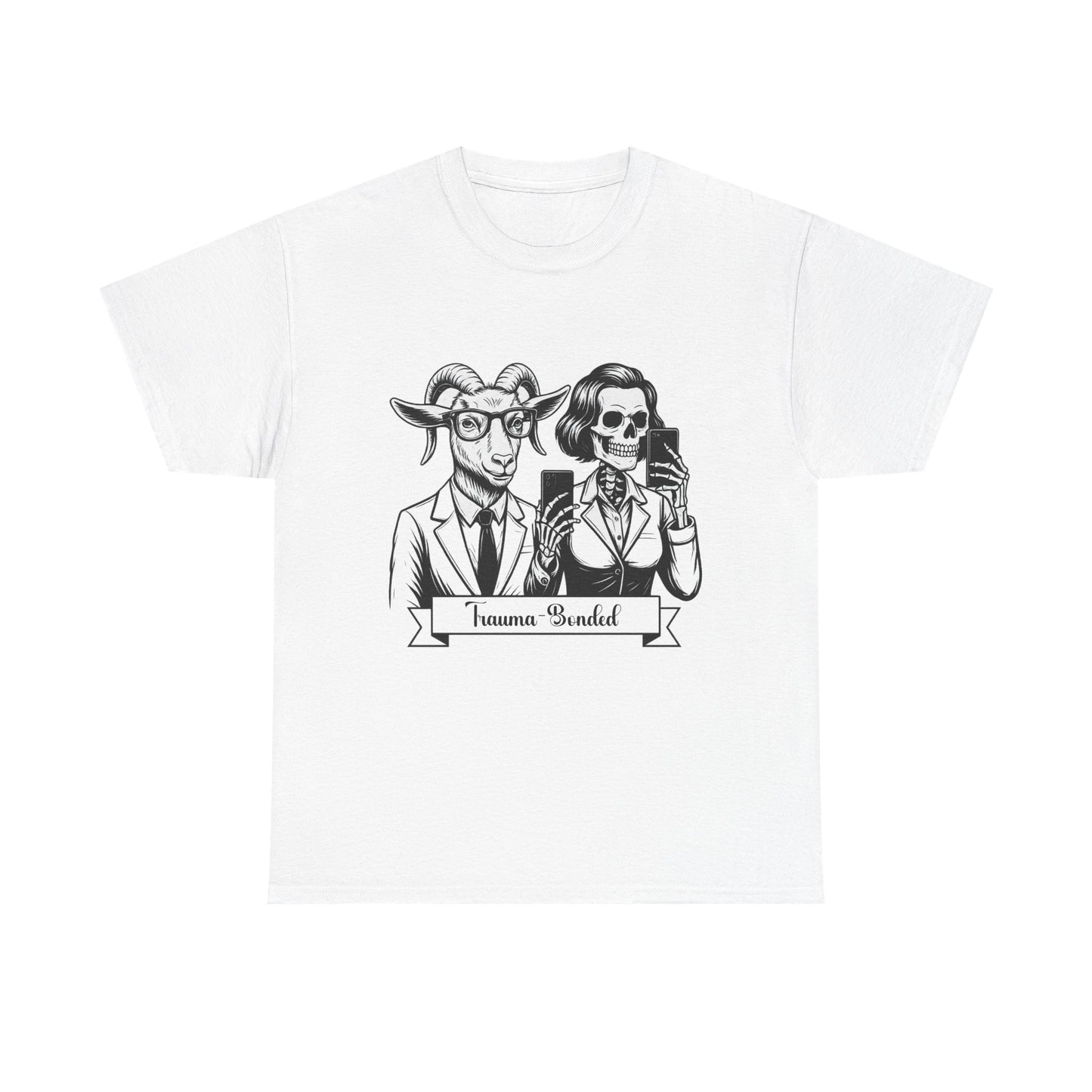 "Trauma-Bonded" Retro Black & White Vector T-Shirt –Scape Goat & Narcissistic Skeleton Satire Tee – Mental Health Humor Apparel