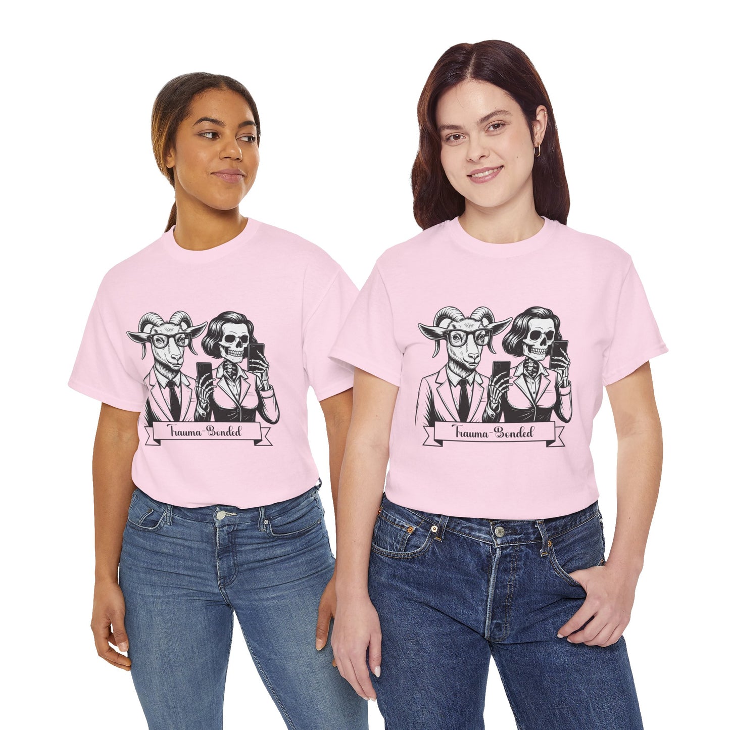 "Trauma-Bonded" Retro Black & White Vector T-Shirt –Scape Goat & Narcissistic Skeleton Satire Tee – Mental Health Humor Apparel