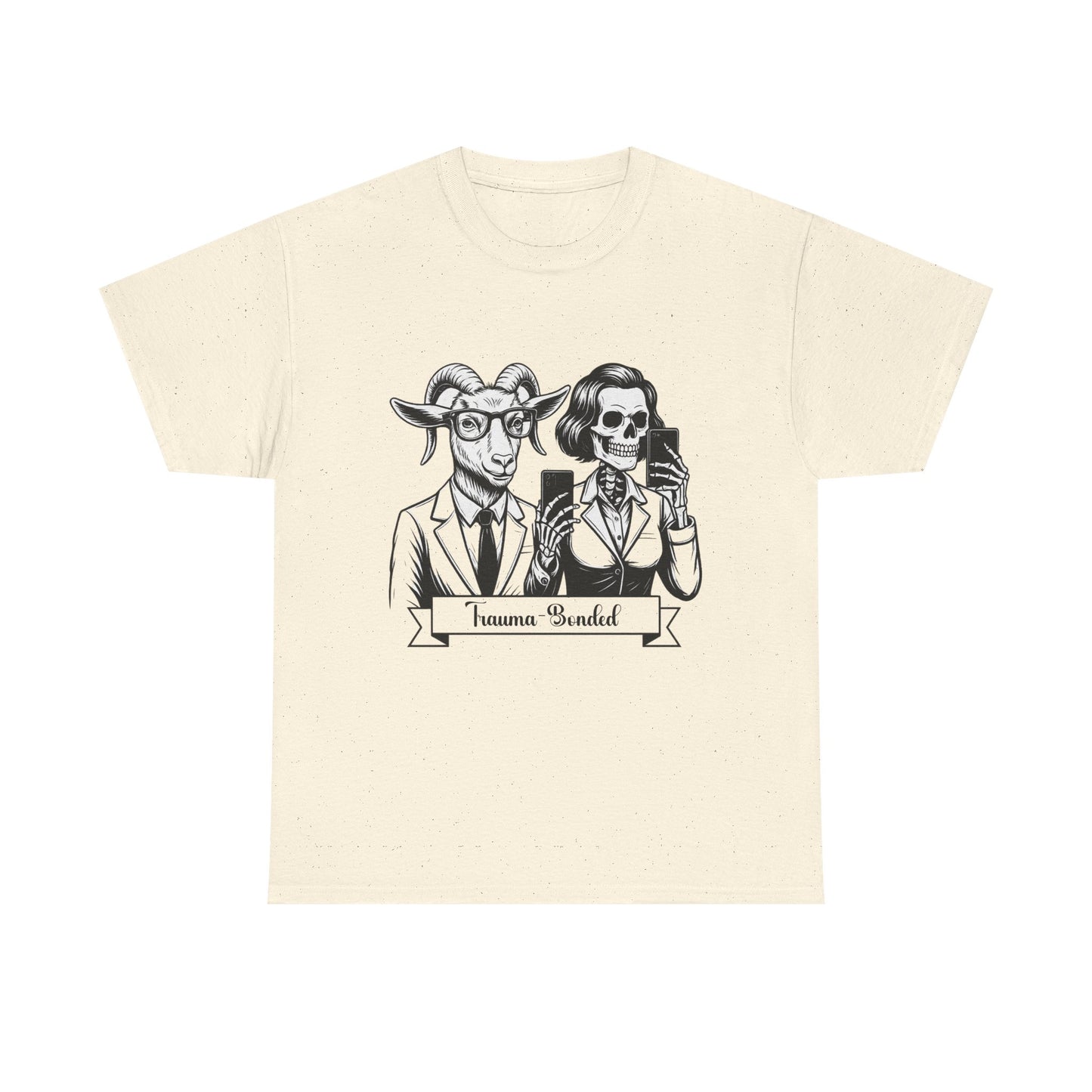 "Trauma-Bonded" Retro Black & White Vector T-Shirt –Scape Goat & Narcissistic Skeleton Satire Tee – Mental Health Humor Apparel