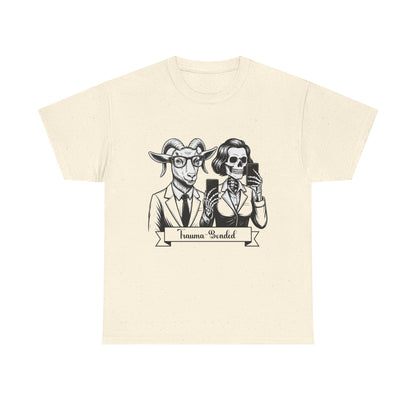 "Trauma-Bonded" Retro Black & White Vector T-Shirt –Scape Goat & Narcissistic Skeleton Satire Tee – Mental Health Humor Apparel