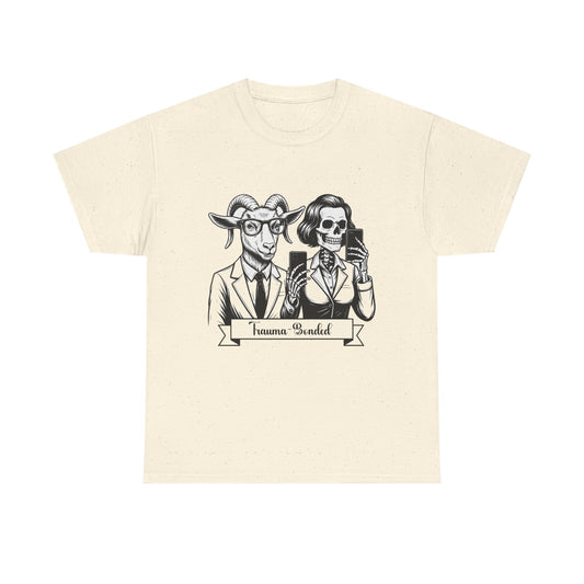 "Trauma-Bonded" Retro Black & White Vector T-Shirt –Scape Goat & Narcissistic Skeleton Satire Tee – Mental Health Humor Apparel