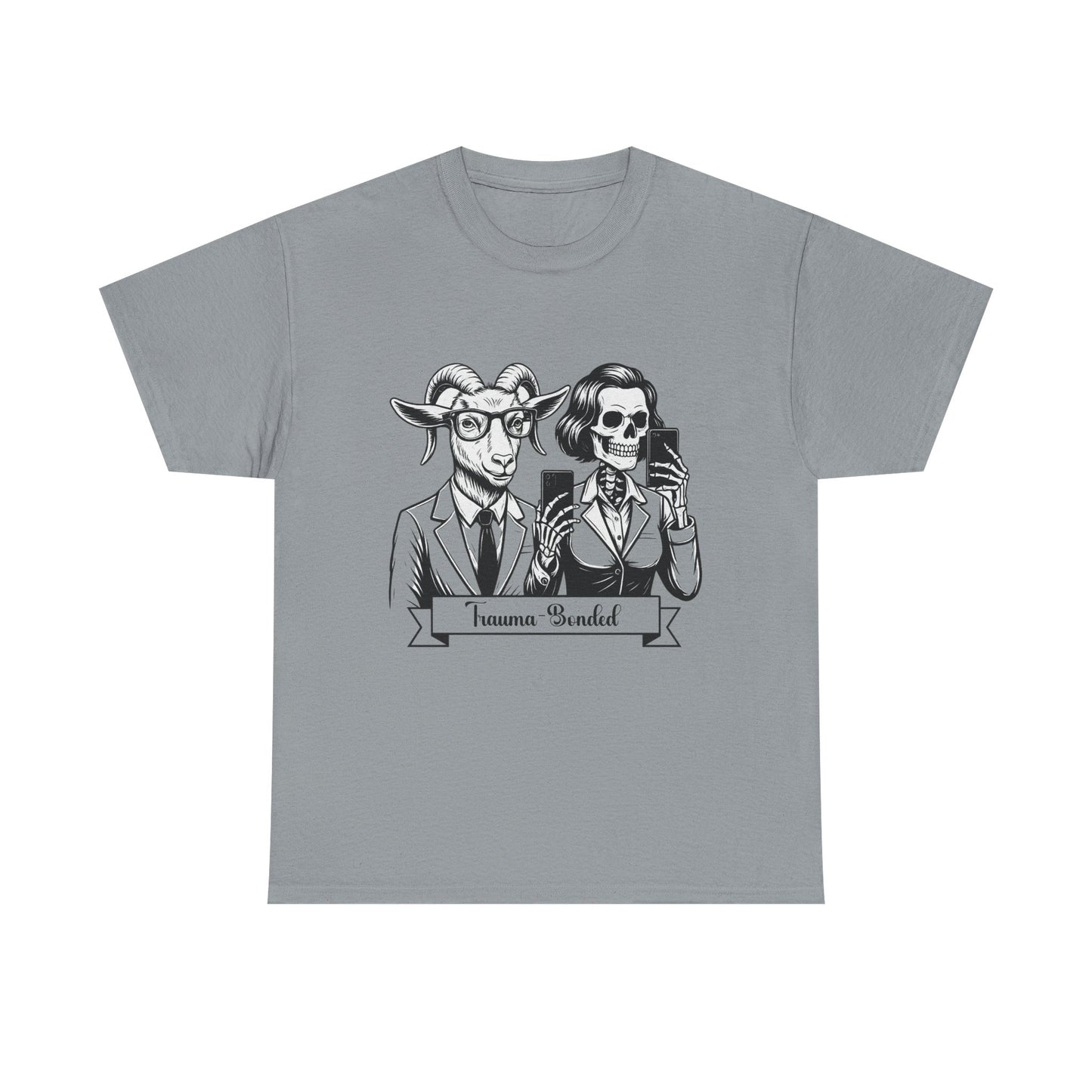 "Trauma-Bonded" Retro Black & White Vector T-Shirt –Scape Goat & Narcissistic Skeleton Satire Tee – Mental Health Humor Apparel