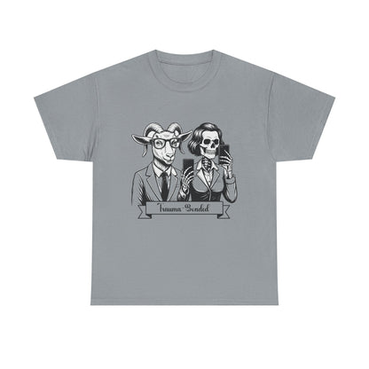 "Trauma-Bonded" Retro Black & White Vector T-Shirt –Scape Goat & Narcissistic Skeleton Satire Tee – Mental Health Humor Apparel