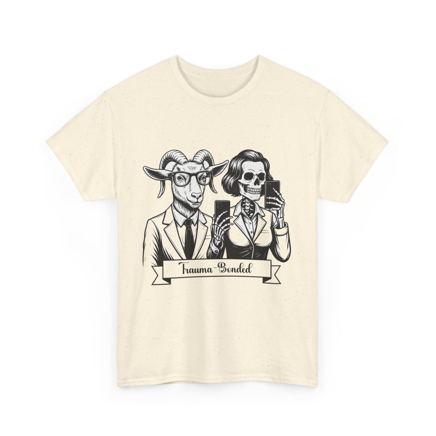 "Trauma-Bonded" Retro Black & White Vector T-Shirt –Scape Goat & Narcissistic Skeleton Satire Tee – Mental Health Humor Apparel