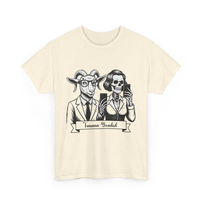 "Trauma-Bonded" Retro Black & White Vector T-Shirt –Scape Goat & Narcissistic Skeleton Satire Tee – Mental Health Humor Apparel