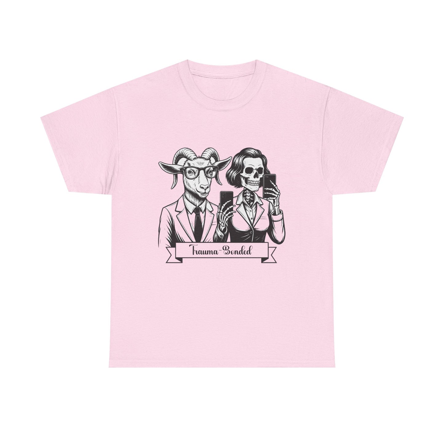 "Trauma-Bonded" Retro Black & White Vector T-Shirt –Scape Goat & Narcissistic Skeleton Satire Tee – Mental Health Humor Apparel
