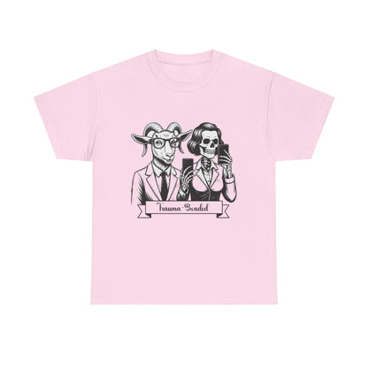 "Trauma-Bonded" Retro Black & White Vector T-Shirt –Scape Goat & Narcissistic Skeleton Satire Tee – Mental Health Humor Apparel