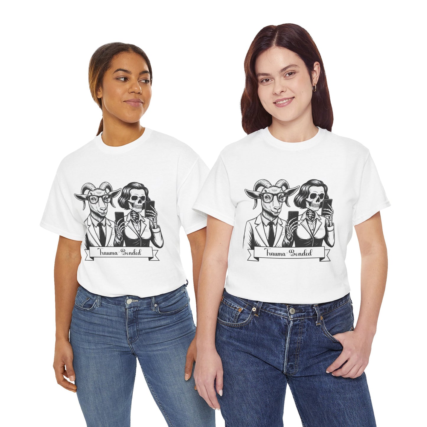 "Trauma-Bonded" Retro Black & White Vector T-Shirt –Scape Goat & Narcissistic Skeleton Satire Tee – Mental Health Humor Apparel