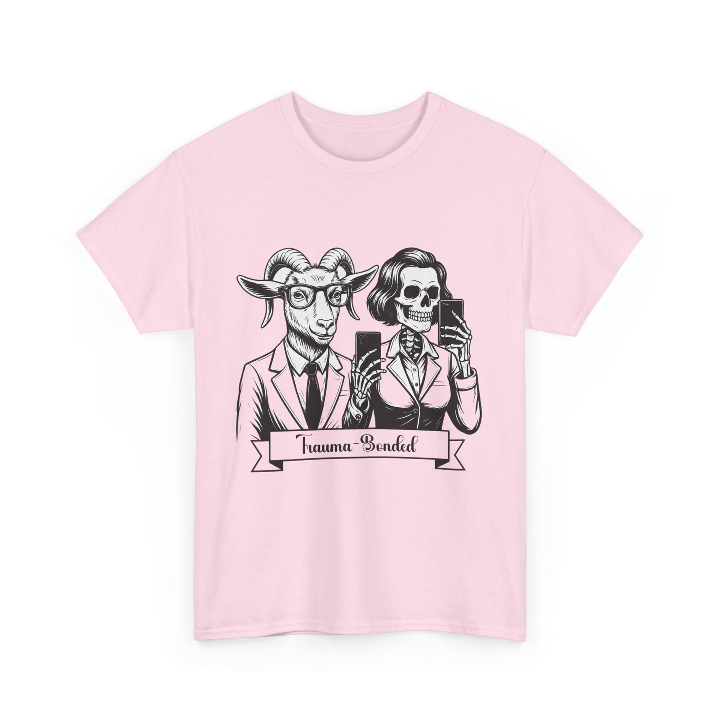 "Trauma-Bonded" Retro Black & White Vector T-Shirt –Scape Goat & Narcissistic Skeleton Satire Tee – Mental Health Humor Apparel