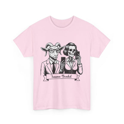 "Trauma-Bonded" Retro Black & White Vector T-Shirt –Scape Goat & Narcissistic Skeleton Satire Tee – Mental Health Humor Apparel