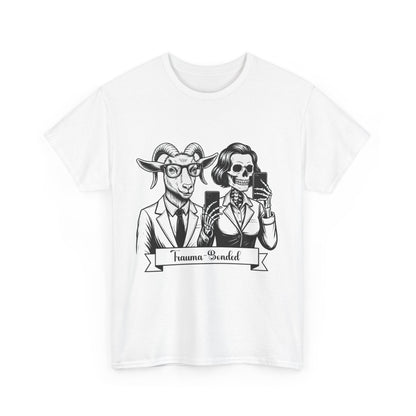 "Trauma-Bonded" Retro Black & White Vector T-Shirt –Scape Goat & Narcissistic Skeleton Satire Tee – Mental Health Humor Apparel
