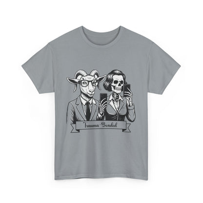 "Trauma-Bonded" Retro Black & White Vector T-Shirt –Scape Goat & Narcissistic Skeleton Satire Tee – Mental Health Humor Apparel