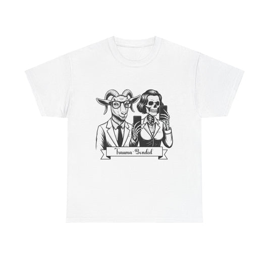 "Trauma-Bonded" Retro Black & White Vector T-Shirt –Scape Goat & Narcissistic Skeleton Satire Tee – Mental Health Humor Apparel
